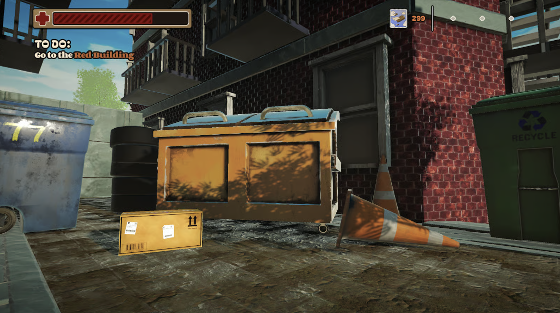 A package, from the game The Box is Alive, sitting in an alley during the day. In the background are a recycling bin, traffic cone, dumpster, and red brick apartment building. A to-do list on the screen that says 'Go to the Red Building'.
