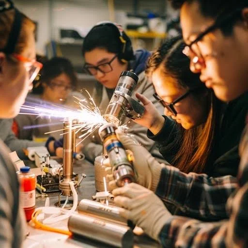 Group of students working on a science experiment involving a telescope and sparks, in a laboratory or classroom setting.