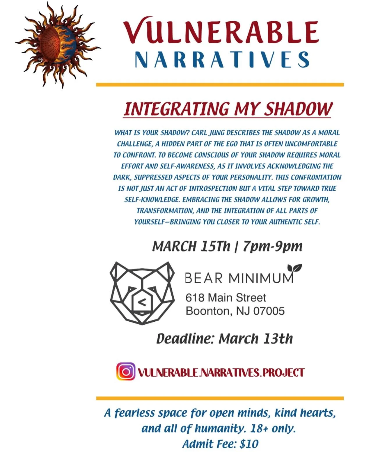 Next OpenMic Event &ndash; March 15th!

Join us for &ldquo;Integrating My Casper!&rdquo;&mdash; oh wait I mean &ldquo;Integrating My Shadow!&rdquo; 🤭  I&rsquo;m very excited to share the prompts for this powerful topic!

Come ready to write, share, 