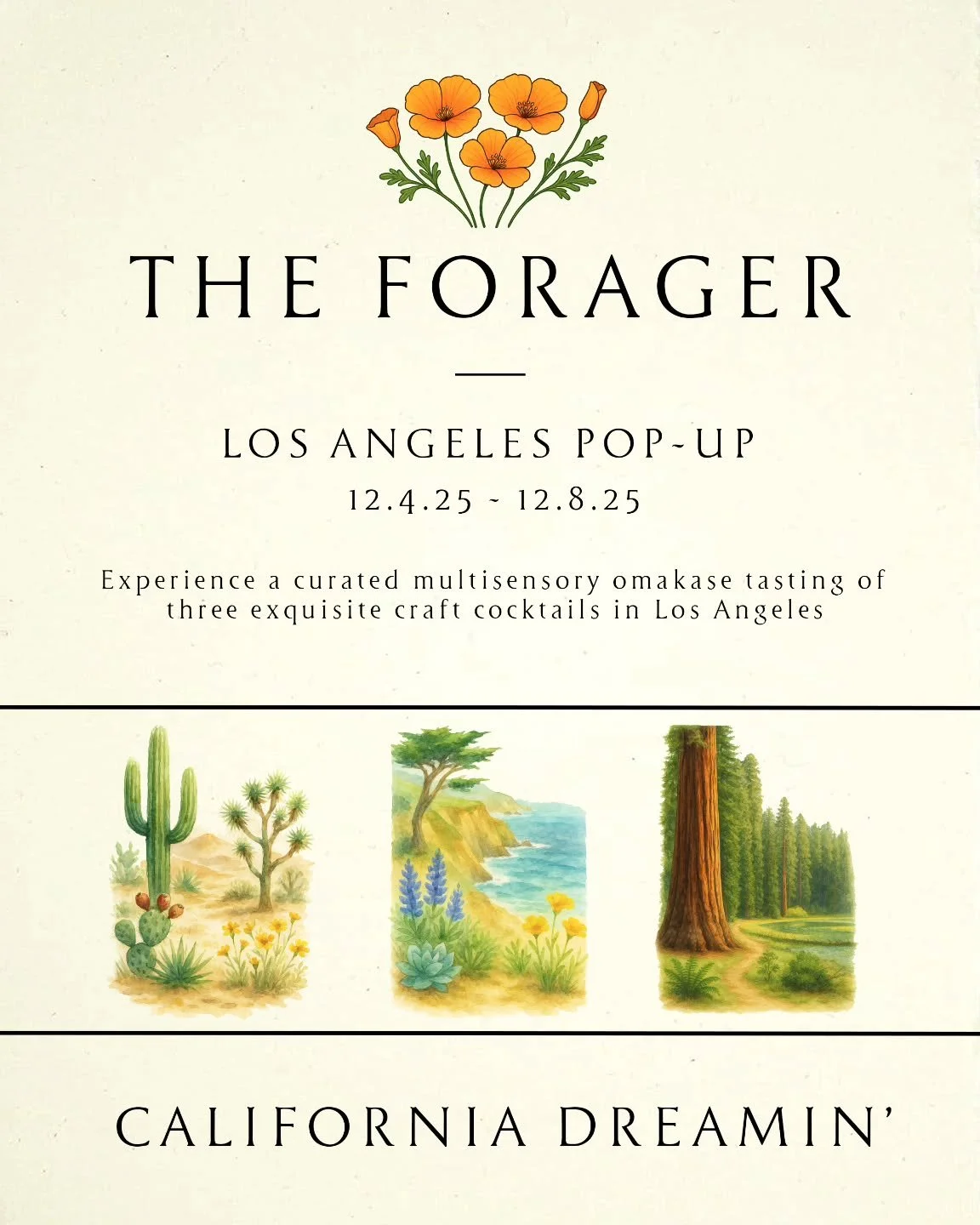 ✨ The Forager returns to Los Angeles this December &mdash; for one of our most immersive and wild menus yet. This multisensory pop-up bar will feature a three-course cocktail omakase with live displays that bring California to life in liquid form.

T