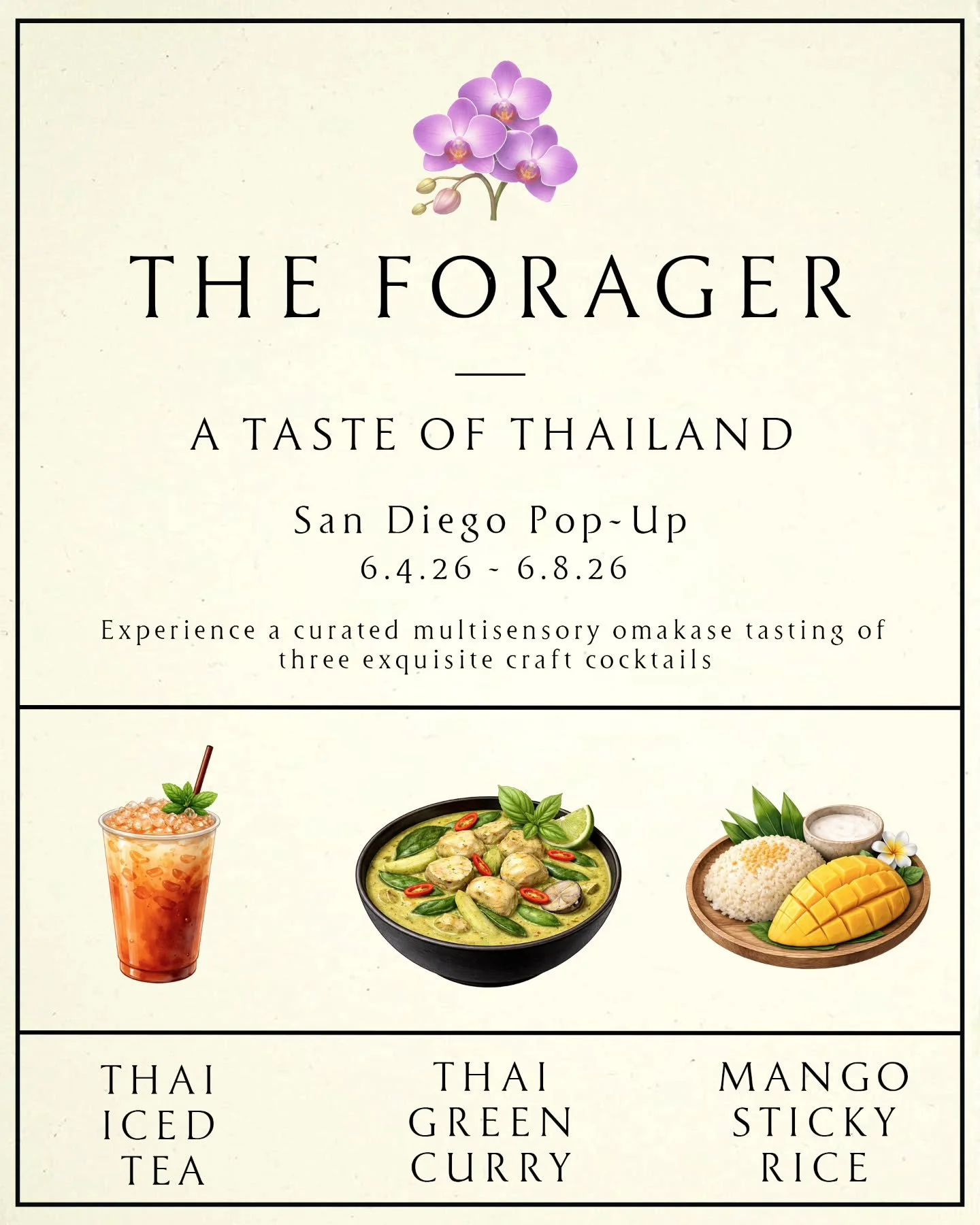 The Forager returns to San Diego with a new menu. Join us June 4 through June 8 for a cocktail pop-up inspired by the flavors of Thailand, where familiar dishes and drinks are reimagined into thoughtful, balanced cocktail form.

We&rsquo;re pouring:
