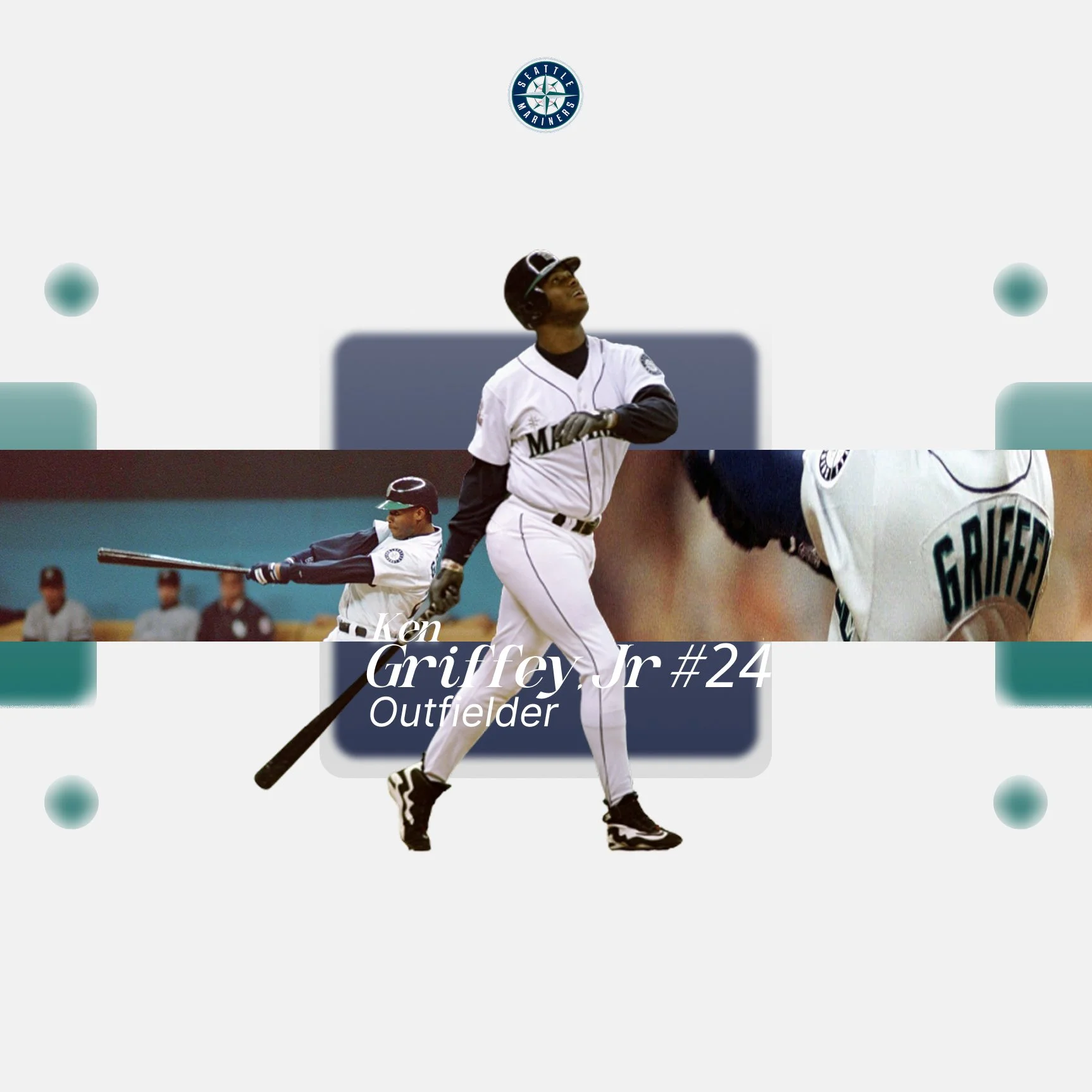 A digital collage of Ken Griffey Jr., a baseball player, in action and portrait shots. The collage includes a Seattle Mariners logo at the top, a dynamic image of Griffey swinging a bat, and a closer shot of him looking upwards in his uniform. Text overlay includes his name, jersey number 24, and position as outfielder.
