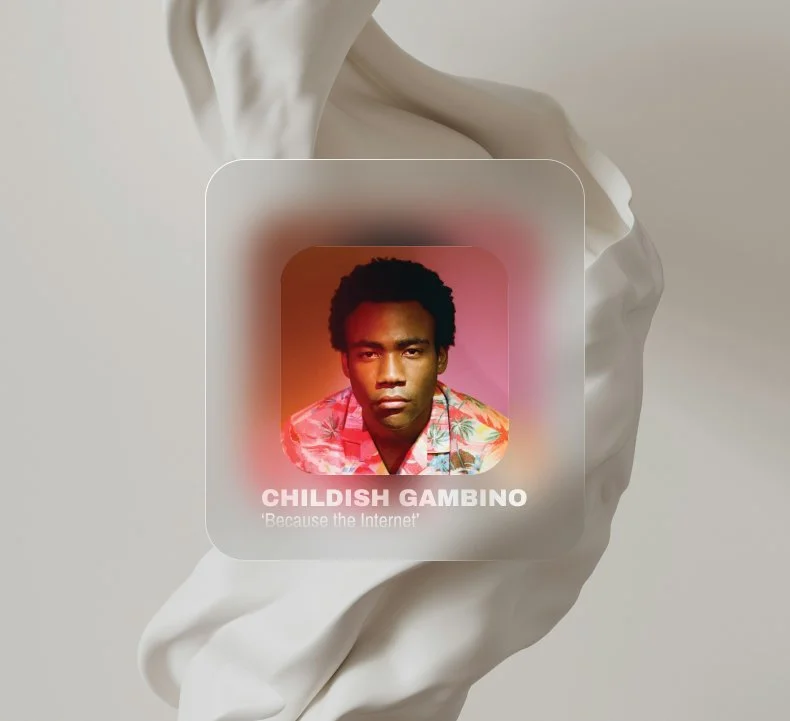 A digital art piece featuring a young man with dark curly hair in a colorful shirt. The image has a glowing pink-to-orange gradient background. Text below the portrait reads 'CHILDISH GAMBINO' and a subtitle says 'Because the Internet'. The artwork is displayed on a semi-transparent square overlay against a plain, light-colored textured background.