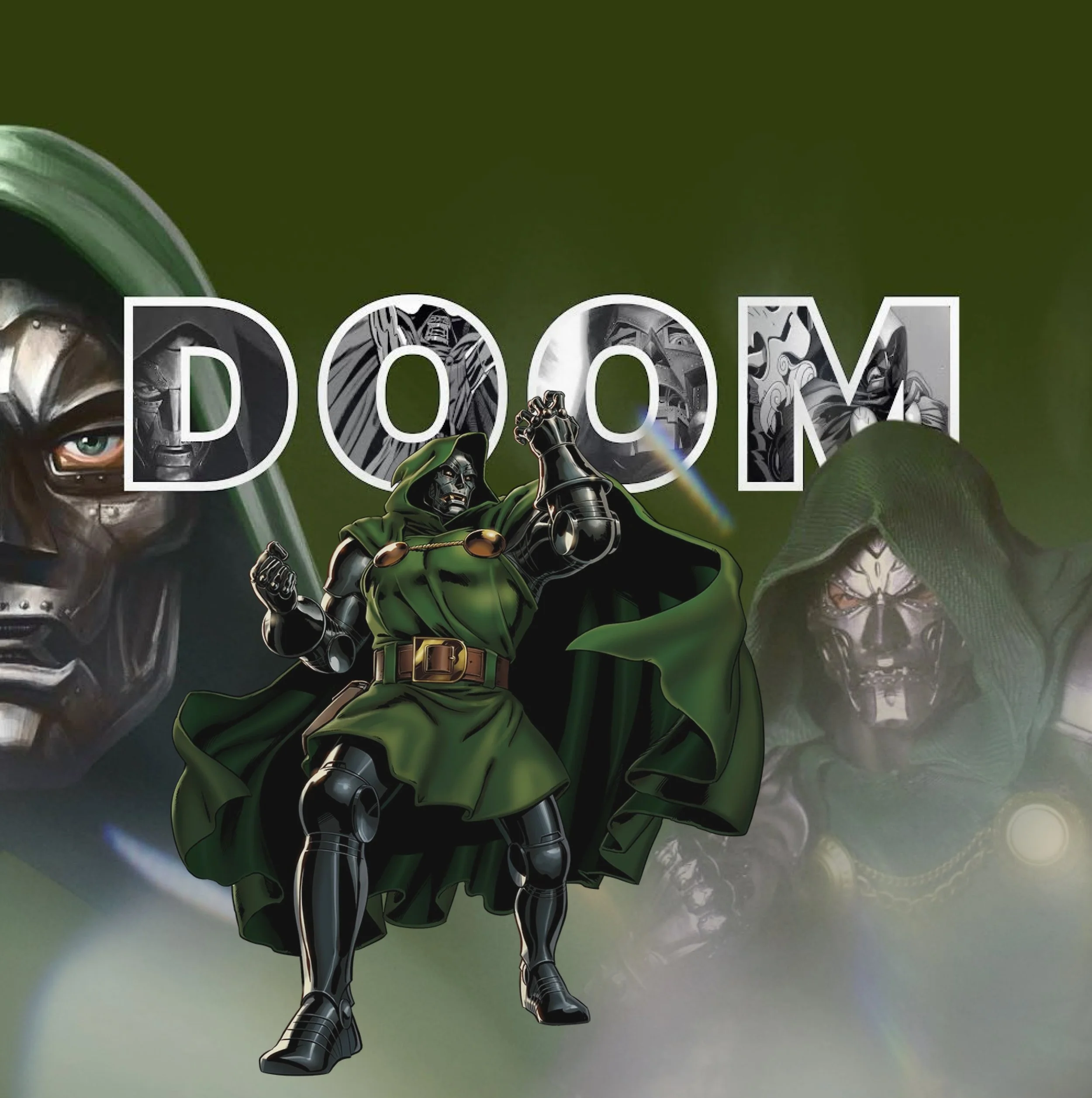 Cover art for the video game Doom featuring a central character in a green hooded cloak with metallic limbs and a skull-like face, standing with arms raised. The background includes features of other characters and a greenish color scheme, with the word 'DOOM' displayed prominently.