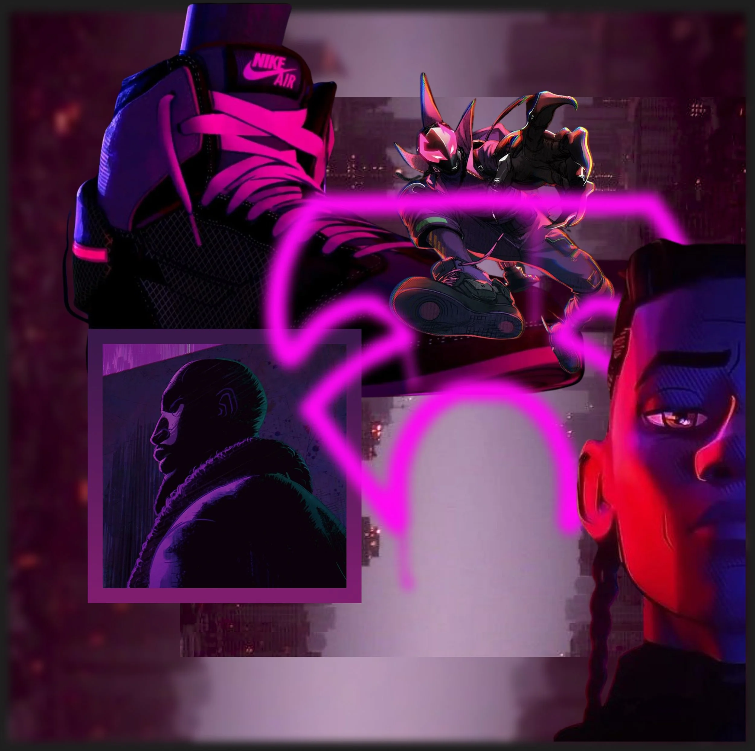 Digital art depicting characters from a futuristic urban scene, with a focus on a character in neon pink and black riding a hoverboard, surrounded by purple neon light effects, and another character with short hair and unique makeup in the foreground.