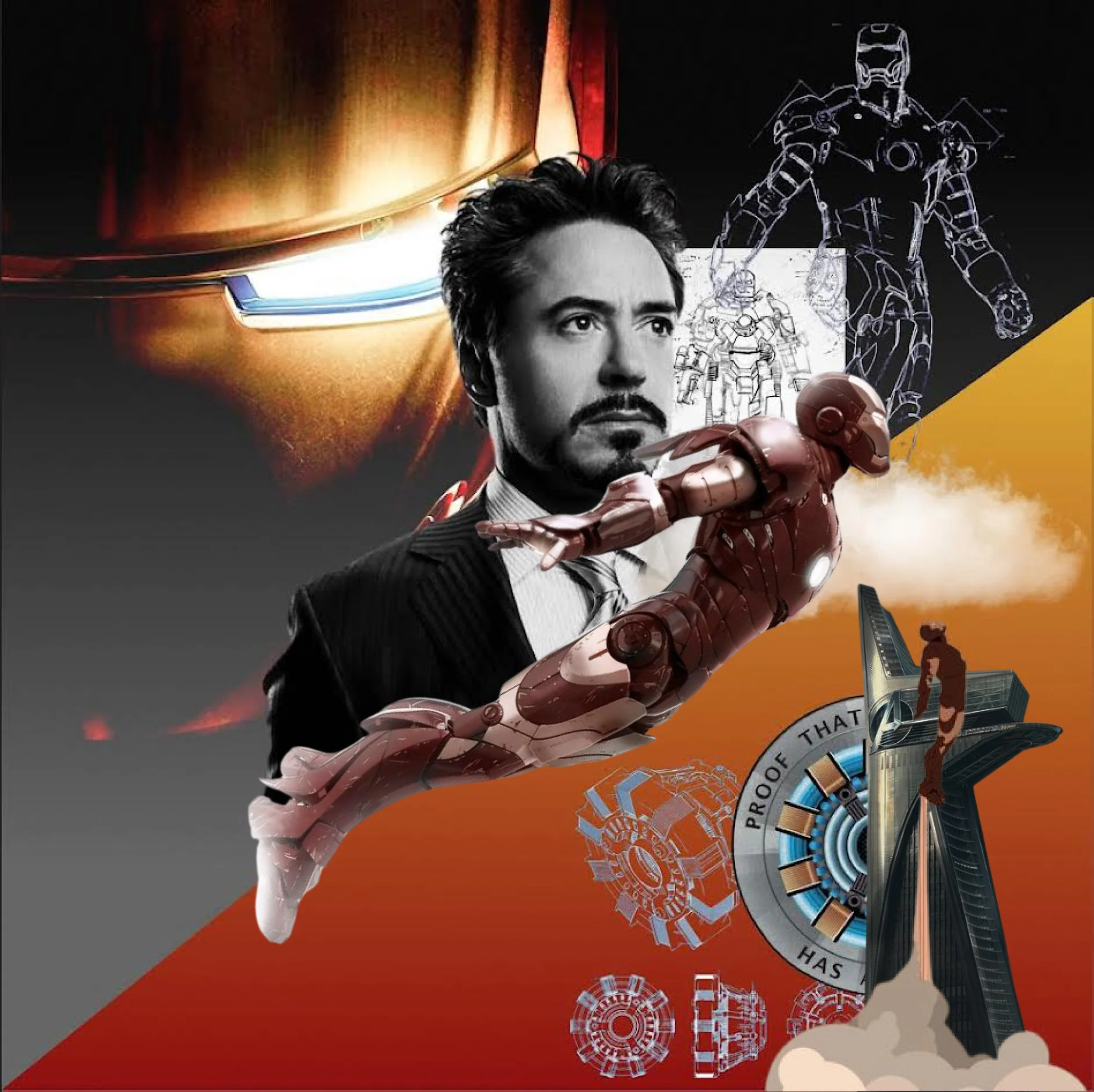 Composite image featuring Iron Man's helmet, Tony Stark's face, Iron Man suit, a holographic blueprint of Iron Man armor, and technological elements from the Marvel Cinematic Universe.