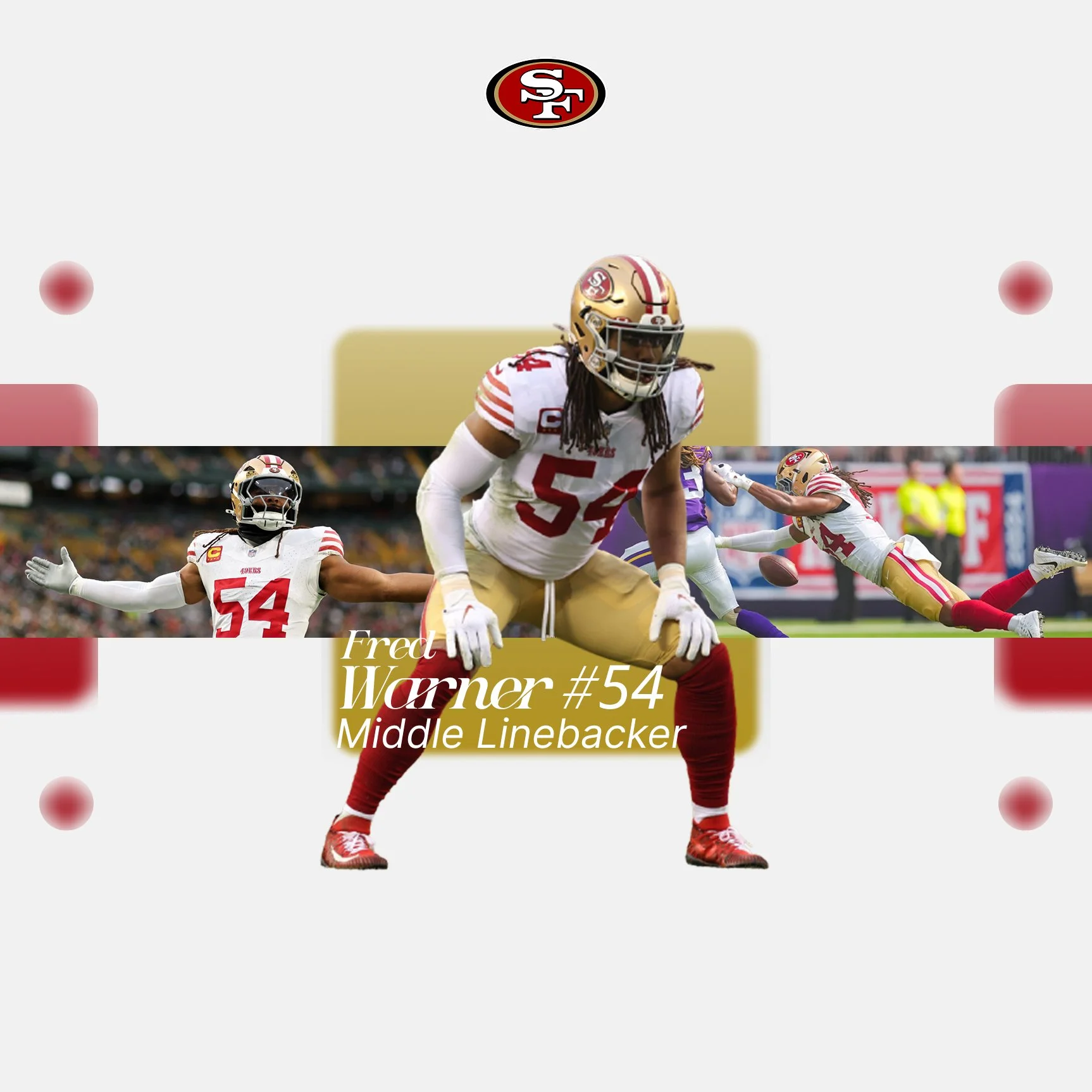 A football player from the San Francisco 49ers, wearing jersey number 54, in various action poses on the field. Overlaid text identifies him as Fred Warner, middle linebacker.