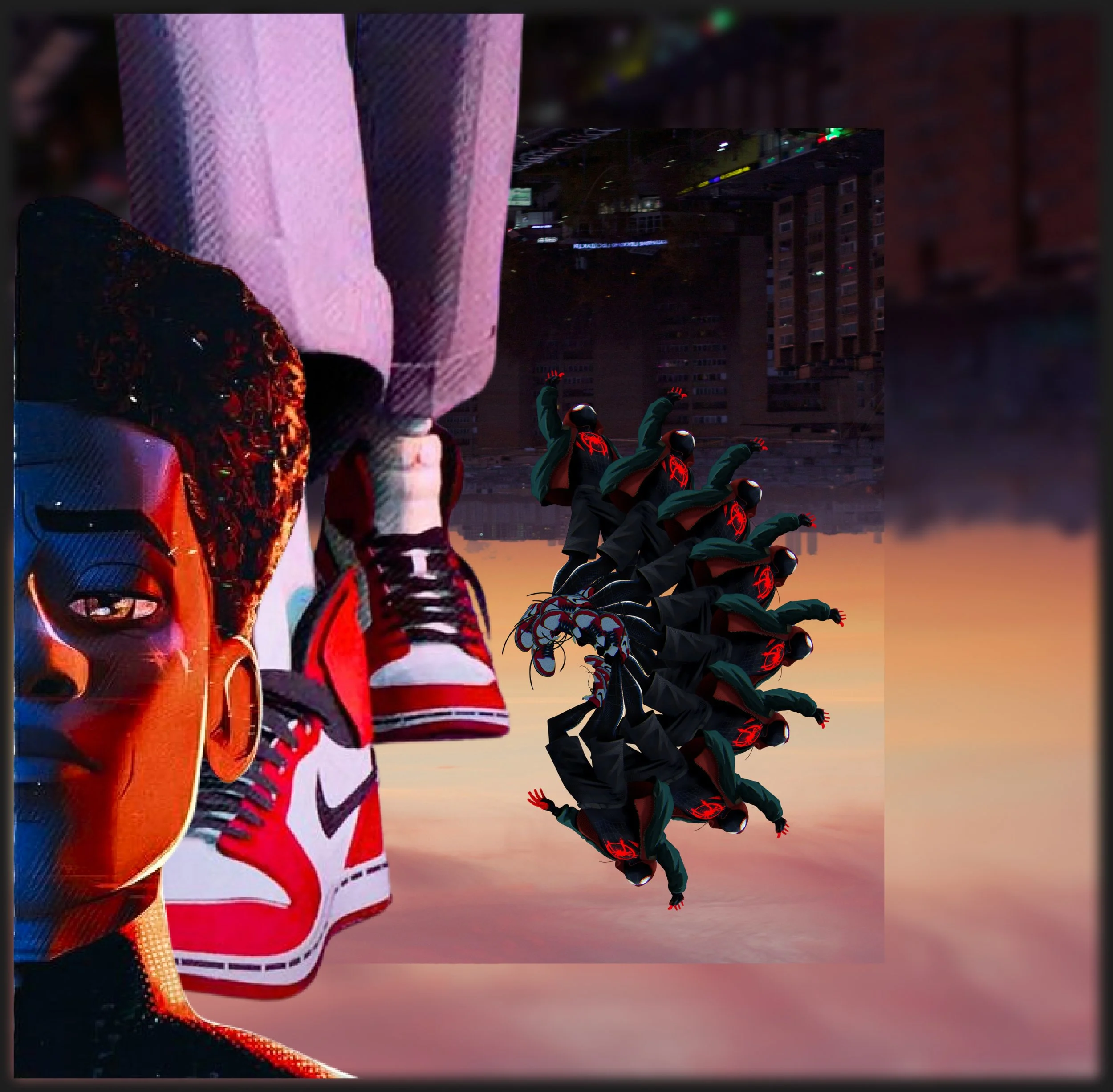 An artistic digital collage combining a close-up of a person's face with colorful sneakers, a group of dancers performing a synchronized leap against a city skyline at sunset, and an upside-down cityscape in the background.