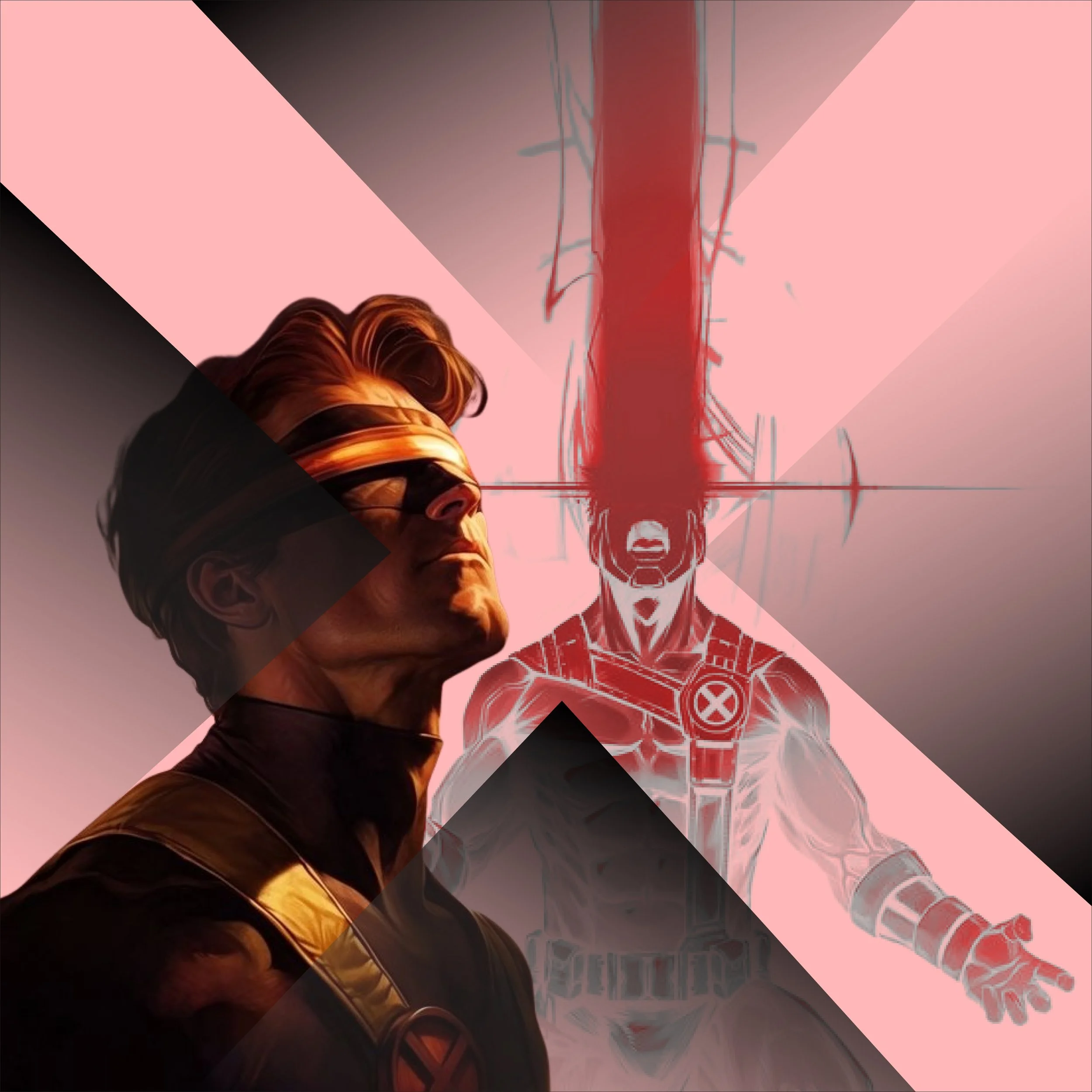 Composite image featuring a side profile of Cyclops from X-Men with his eyes closed, paired with a digital sketch of Wolverine with blood dripping from his head, both set against a pink and black background with geometric shapes.