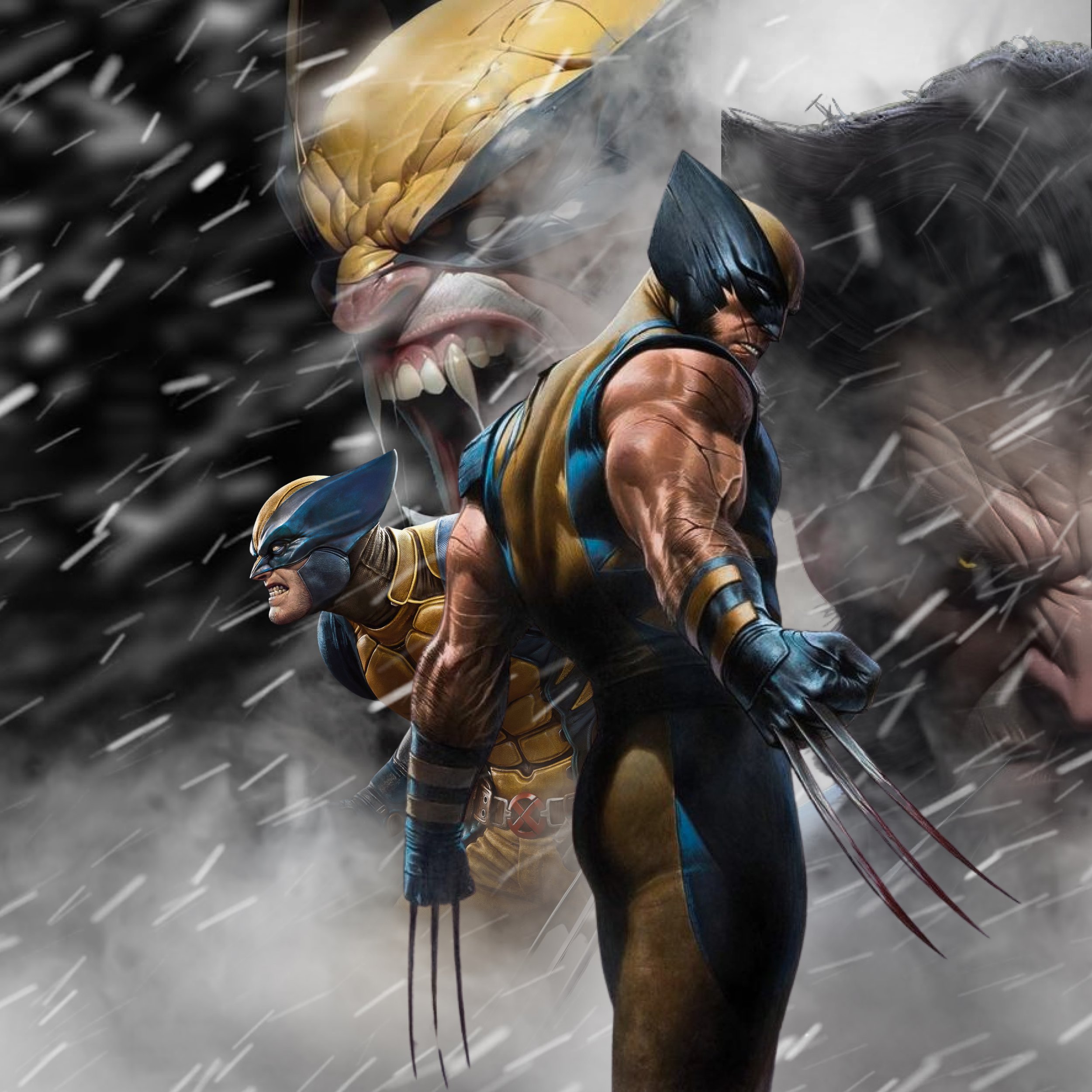 A digital artwork featuring Wolverine and Cyclops in a rainstorm with a ghostly image of Professor X in the background.