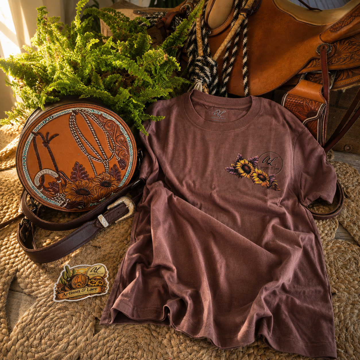 Country style Western t-shirt with artisan leatherwork details.png