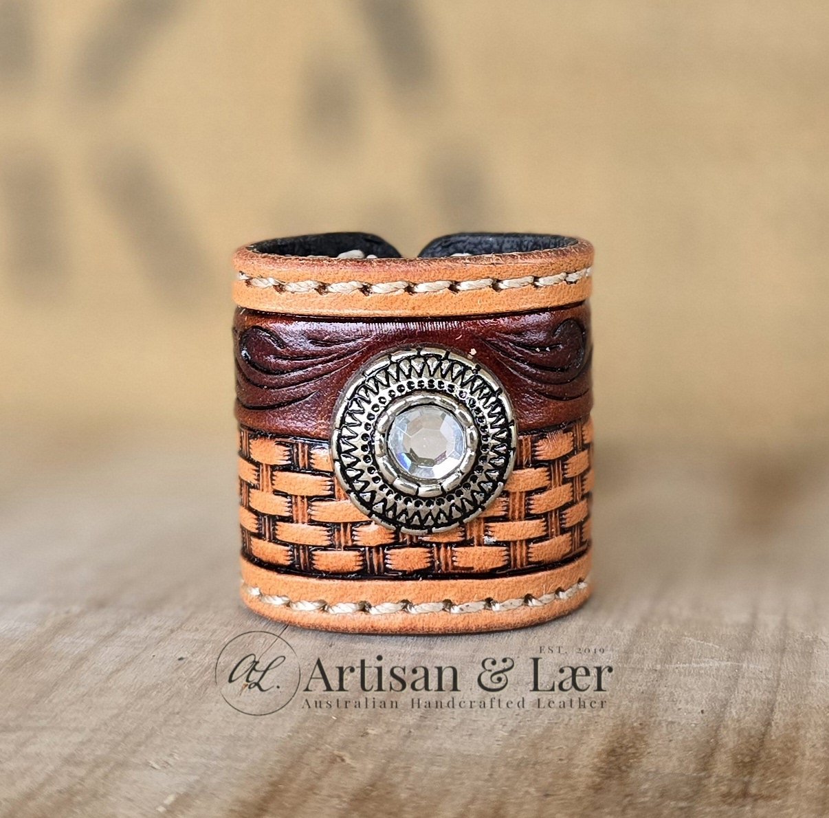 tooled leather Western Scarf Slide basketweave concho