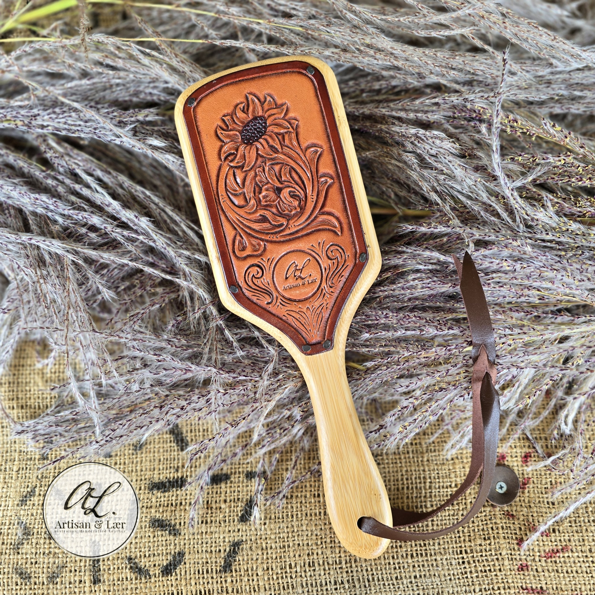 Hairbrush paddle brush Tooled leather Sunflowers scrolls