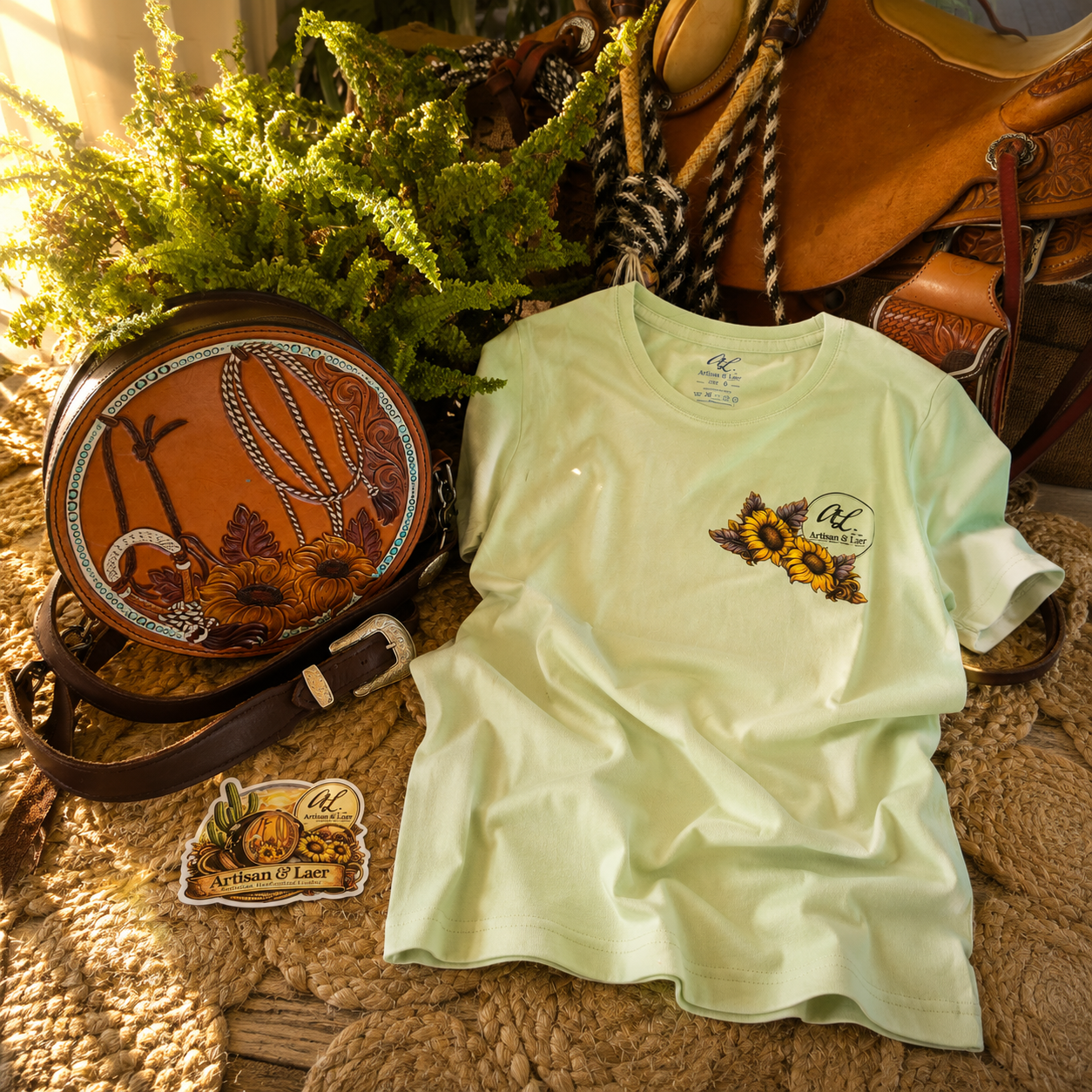 Country style Western t-shirt with artisan leatherwork details