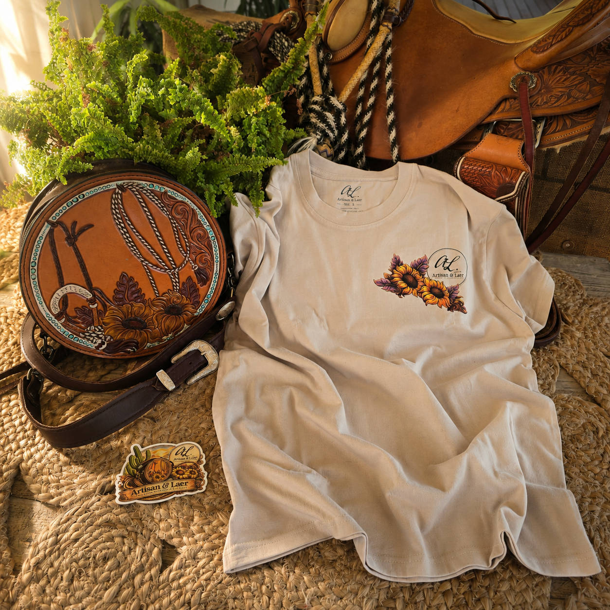Western cowgirl merch t-shirt and handcrafted leather accessories by Artisan & Lær.png
