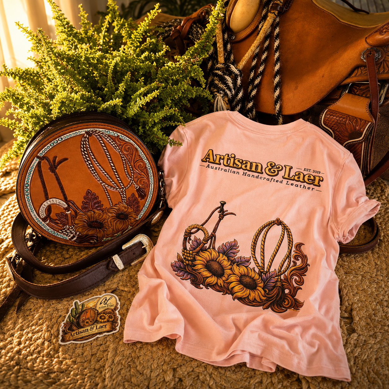 Artisan & Lær Western graphic t-shirt with handcrafted leather accessories