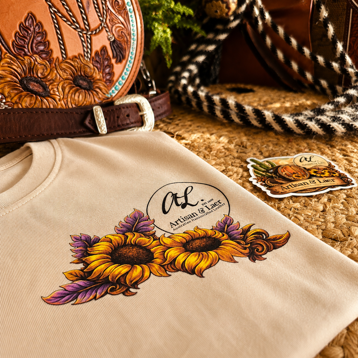 Country style Western t-shirt with artisan leatherwork details.png