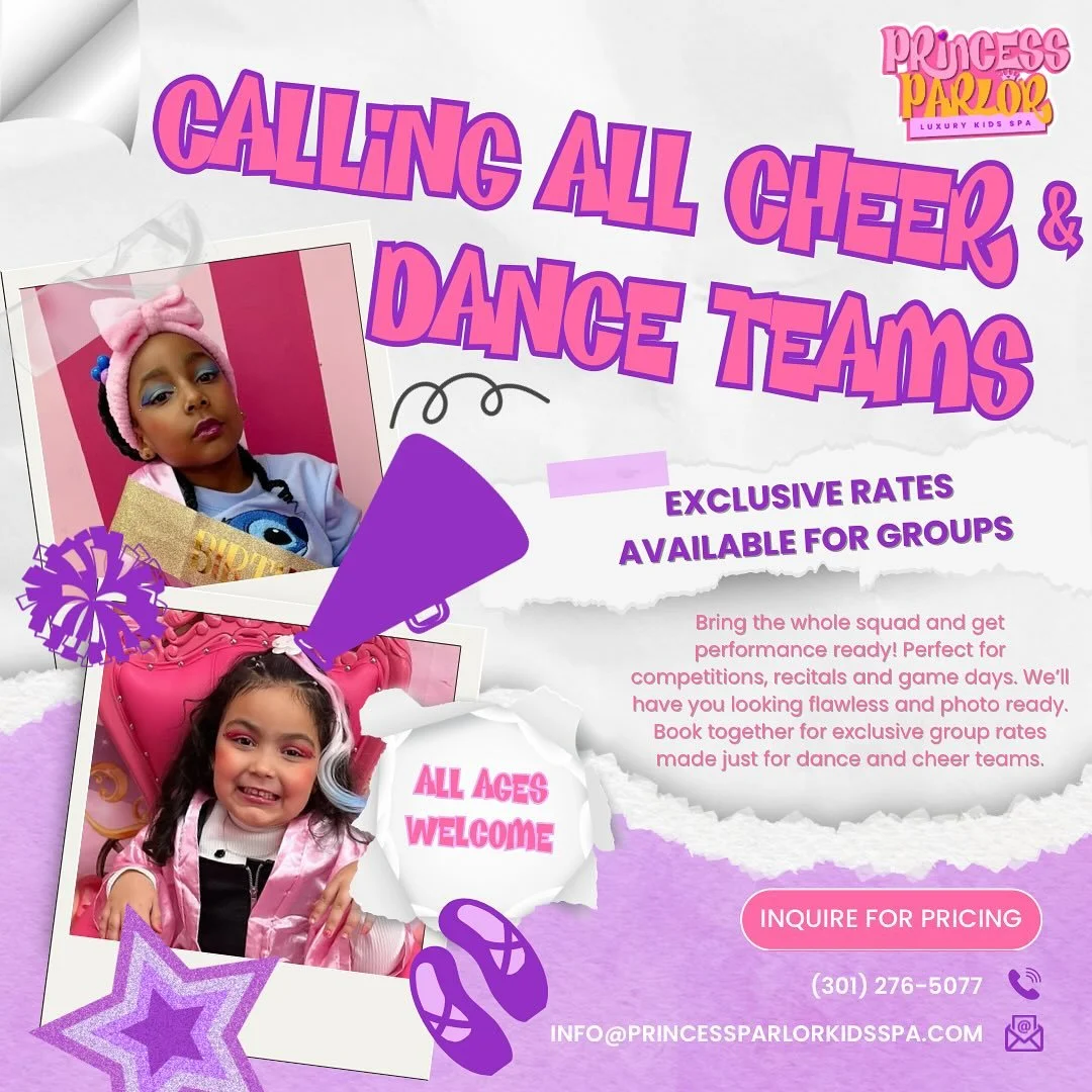 Bring the whole team and get glammed up for the big day at The Princess Parlor! 💄💖
Perfect for competitions, recitals, and game days! We’ll have you looking flawless & photo-ready. 📸
📅 Book together & enjoy exclusive group rates m