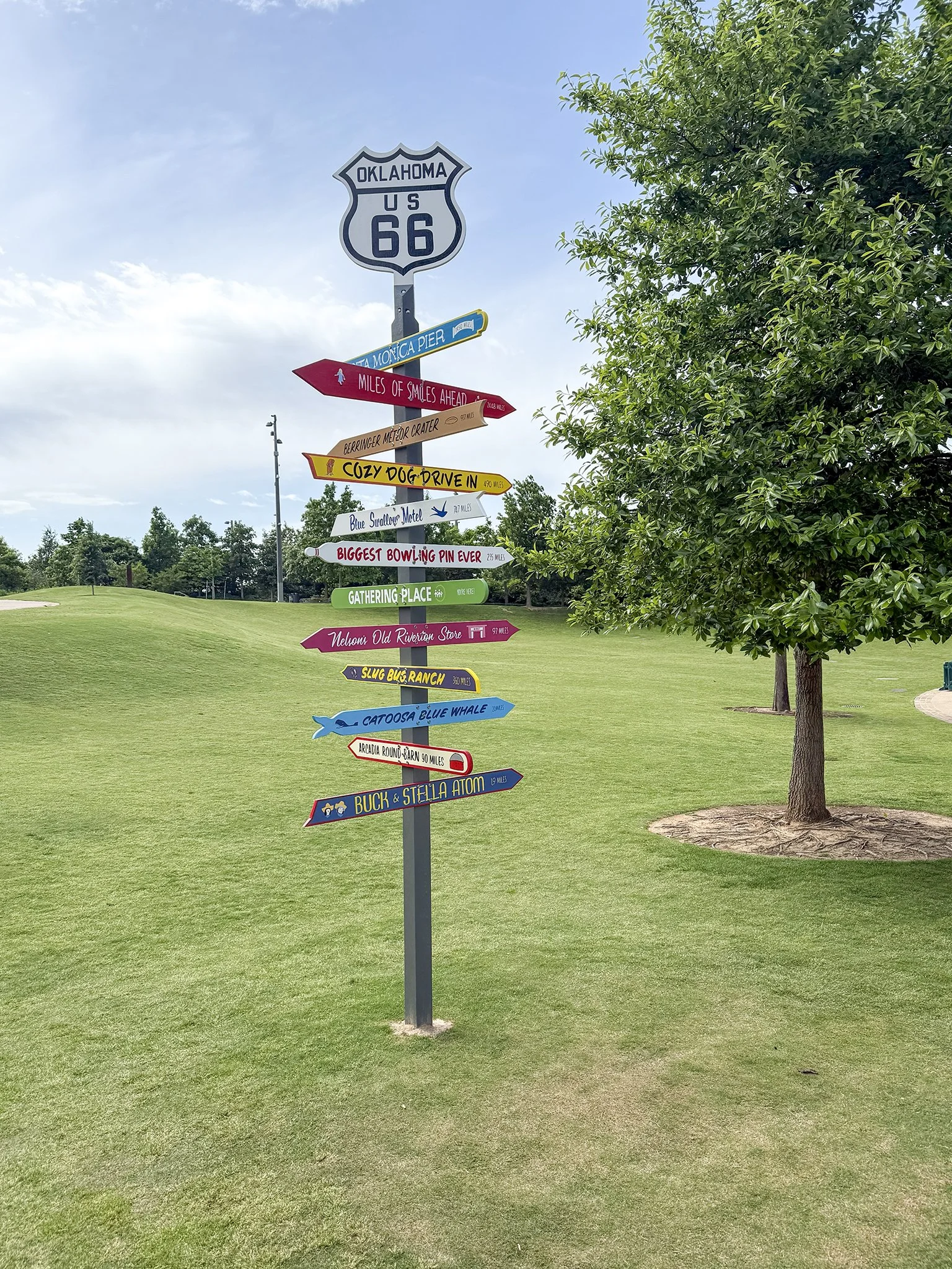 A colorful signpost with multiple directional signs indicating various tourist attractions and distances, set in a grassy park area with a tree on the right and a cloudy sky in the background.