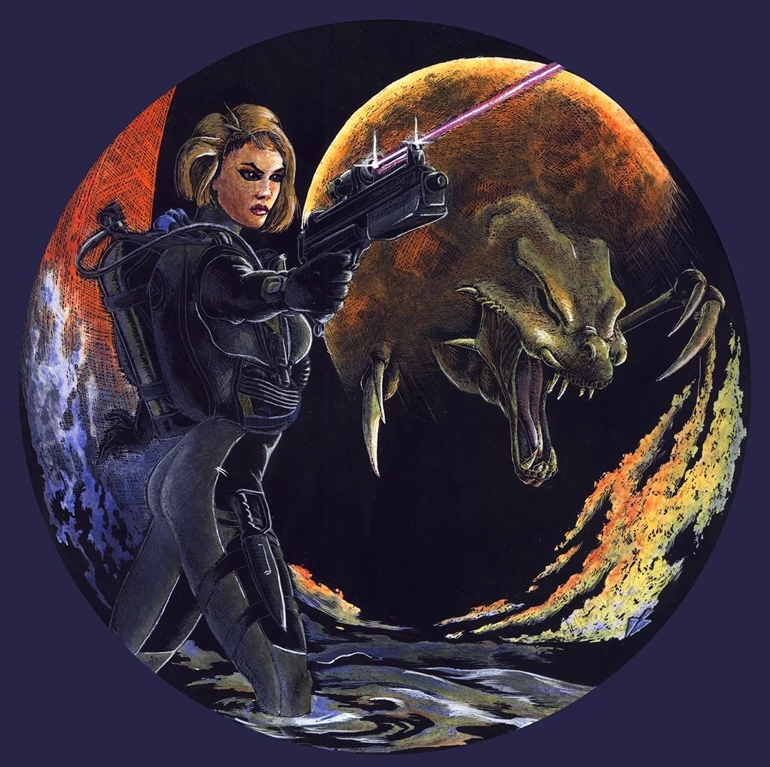 A woman in tactical gear holding a gun, facing a giant creature with a cat-like face and large claws, against a cosmic background with planets and swirling colors.