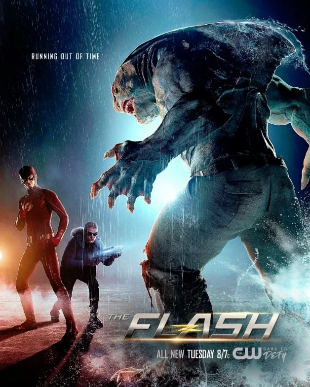 Poster for the TV show The Flash featuring the Flash running away from a large creature in the rain, with two people in sunglasses and jackets in the background, and text indicating an upcoming episode.