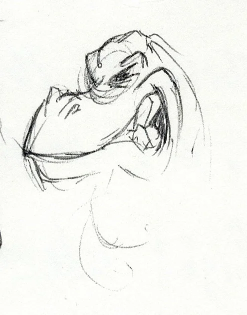 Sketch of a dinosaur's head with an open mouth and visible teeth.