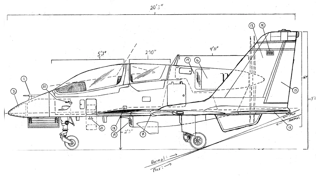 Technical drawing of an aircraft side view with measurements, annotations, and labels.
