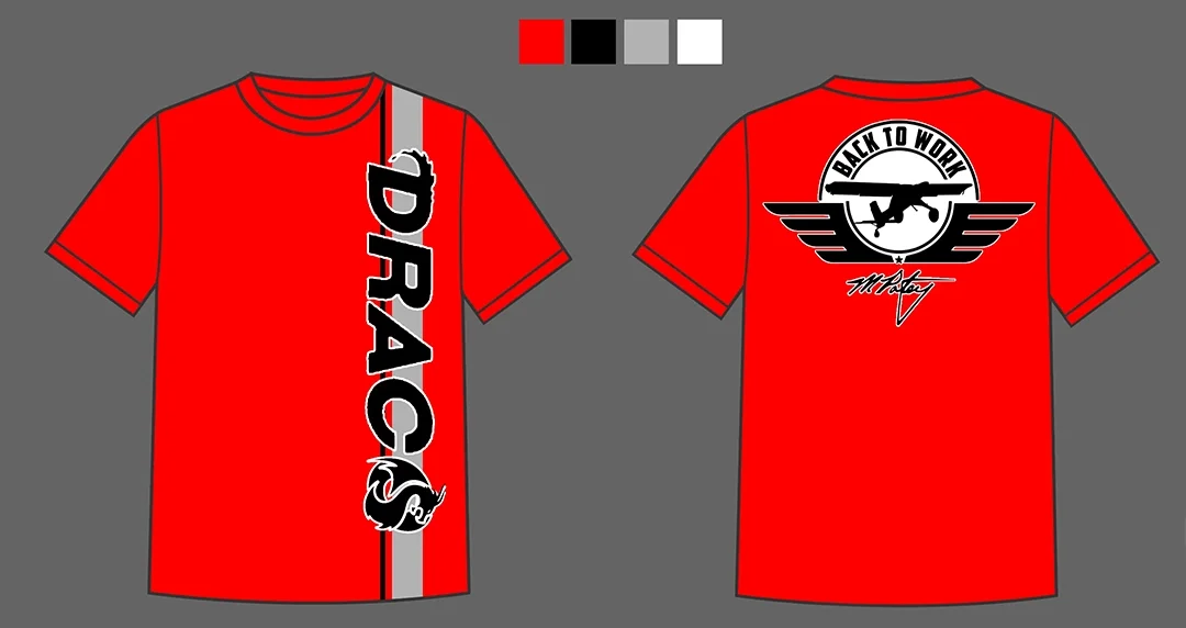 Red t-shirt with black, white, and gray accents. The front has the word 'DRAGON' in large black letters with a dragon logo underneath. The back features a circular emblem with a plane silhouette, eagle wings, and the phrase 'BACK TO WORK' in black text.