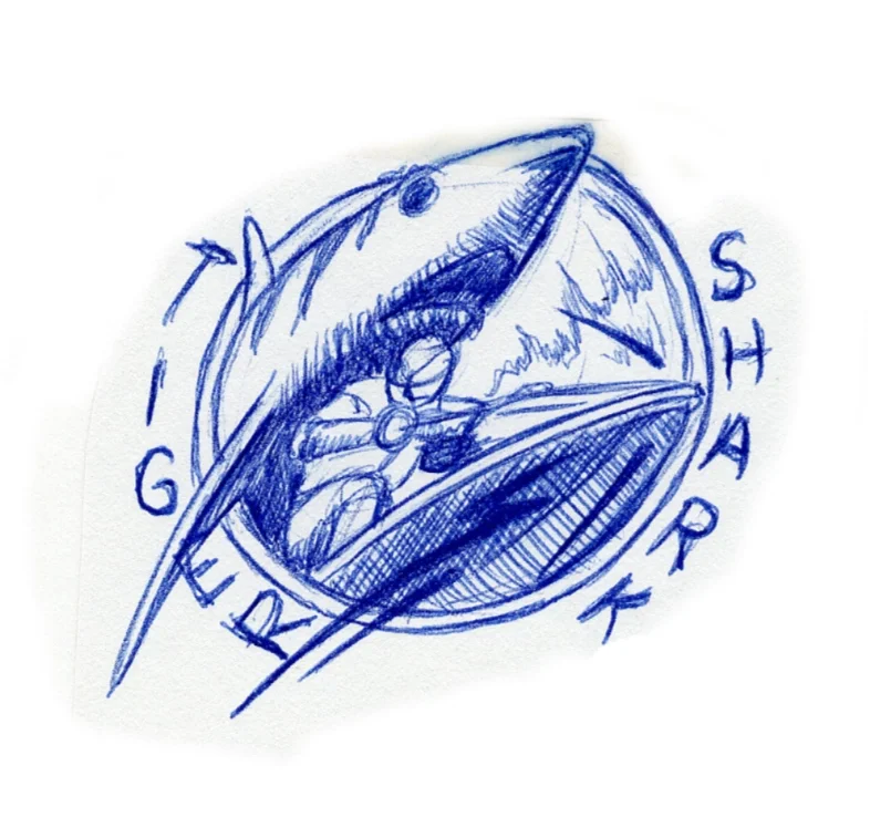 Sketch of a compass with the words "Speed," "Light," and "Shark" around it.