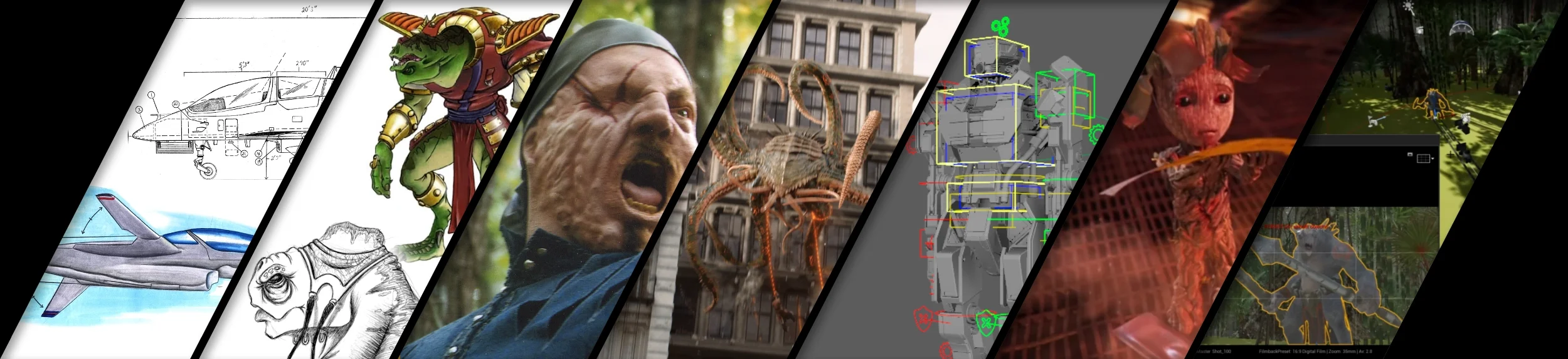 Collage of various images including blueprints of a jet, a cartoon goblin, a person with intense expression, a crab on a building, 3D modeling diagrams, a scene from a movie with a creature, and a video game screenshot.