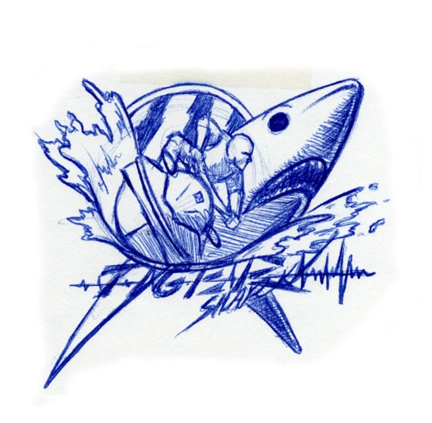 A hand-drawn sketch in blue ink featuring a person climbing out of a large shark's mouth. The shark is depicted with a big eye and an open mouth, and there are jagged lines resembling water or waves around them.