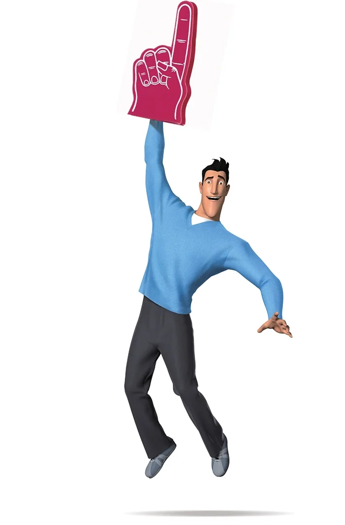 Animated man wearing a blue sweater and black pants, smiling and jumping while holding a foam hand shaped like a pink hand with the index finger pointing up.