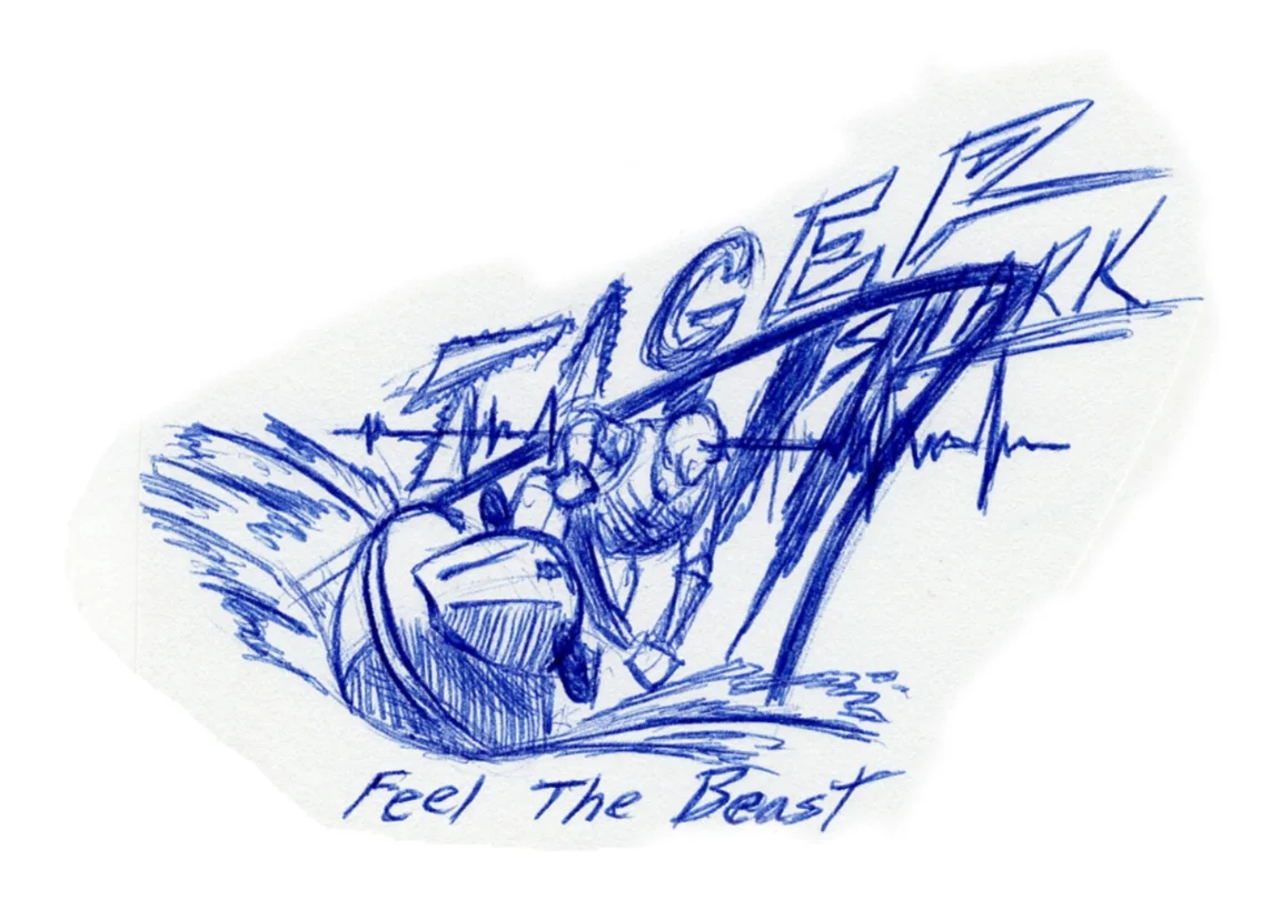 A rough blue ink sketch of a muscular figure lifting a barbell with the word 'FEAR' in the weights, and the phrase 'Feel The Beast' written below.