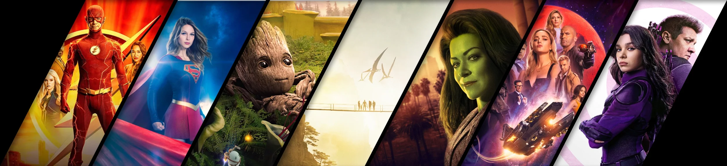Collage of promotional images from various superhero and science fiction movies and TV shows.