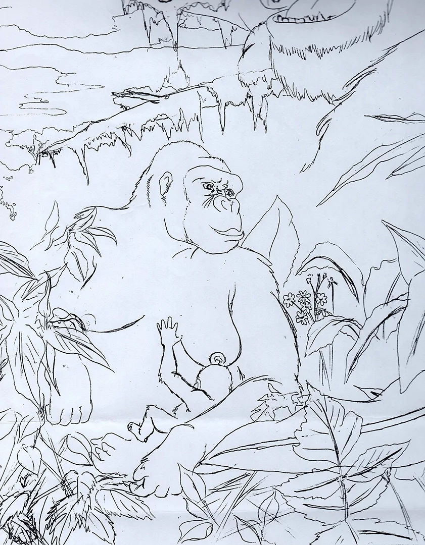 Line drawing of a gorilla with a baby gorilla on its lap, surrounded by jungle plants and trees.