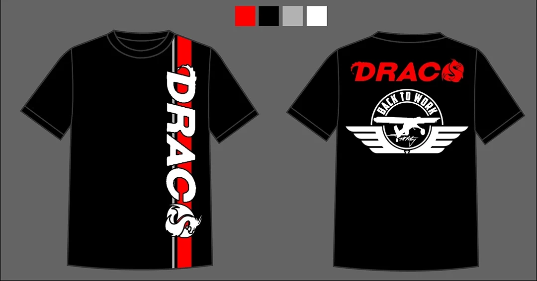 Black t-shirt with red, white, gray, and black color palette, featuring the word 'DRAC' with a dragon logo on the front and back, and additional graphics like a stylized winged emblem and circular text.