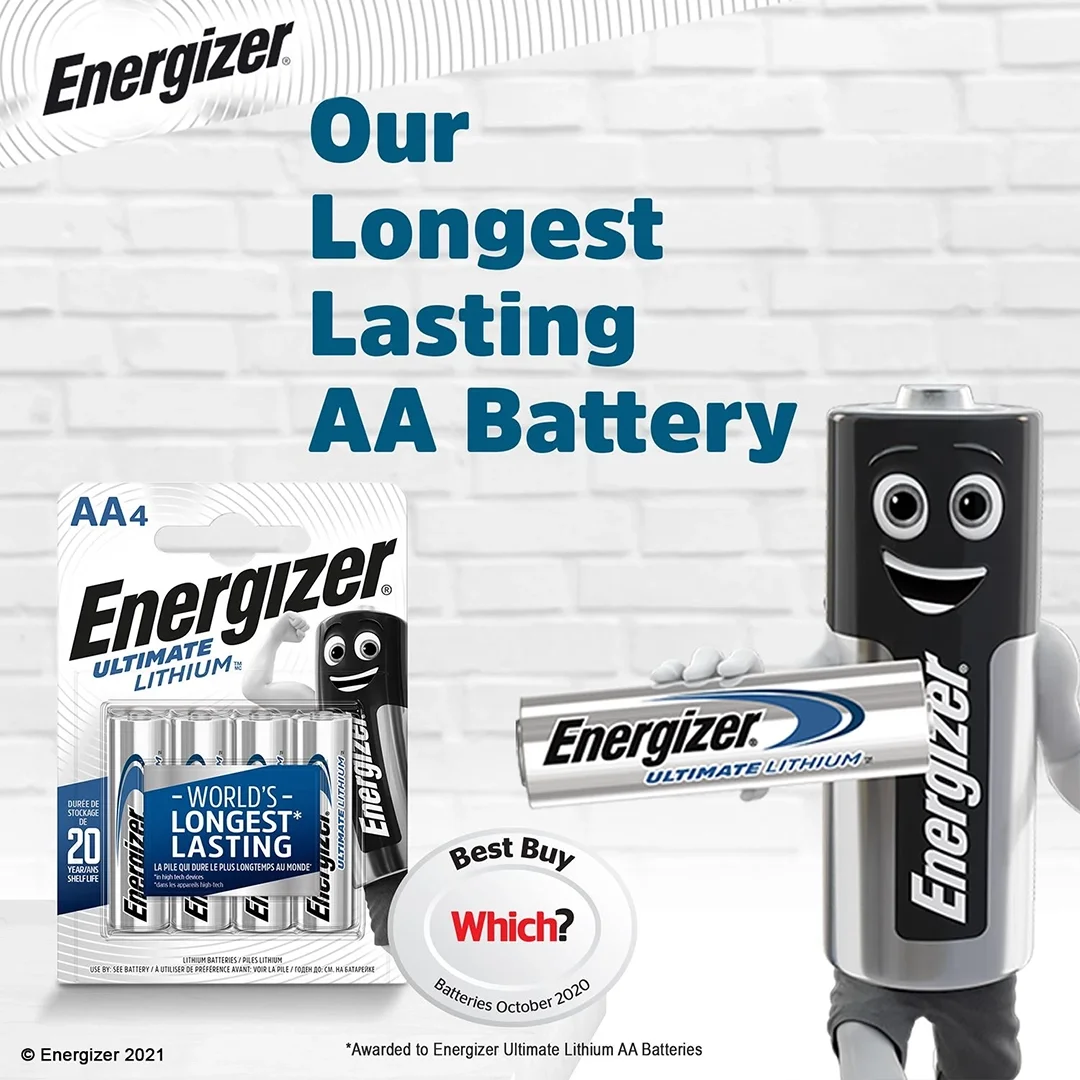 Energizer advertisement promoting their long-lasting AA batteries with a cartoon battery character holding a large AA battery and a pack of AA batteries in the background.
