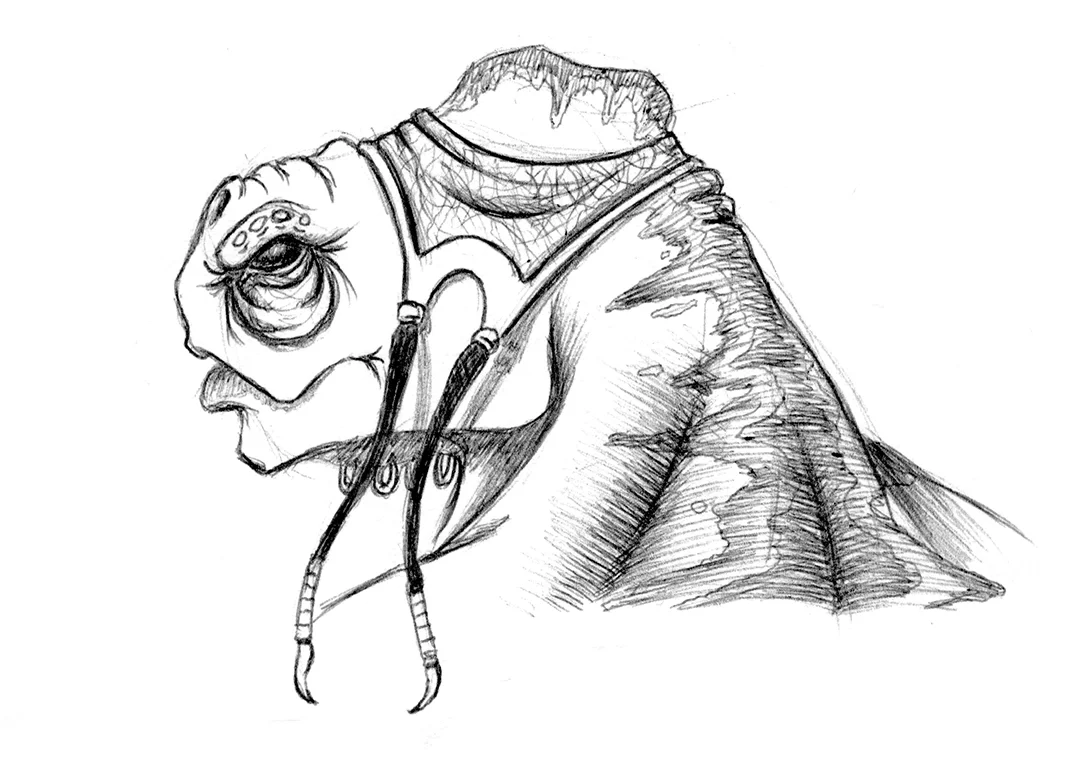 Sketch of a dinosaur wearing glasses, a turtleneck sweater, and a jacket with a zipper.