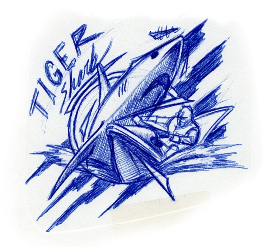 Sketch of a person sitting at a DJ mixing console inside a stylized shark with the word 'TIGER' written in the background.