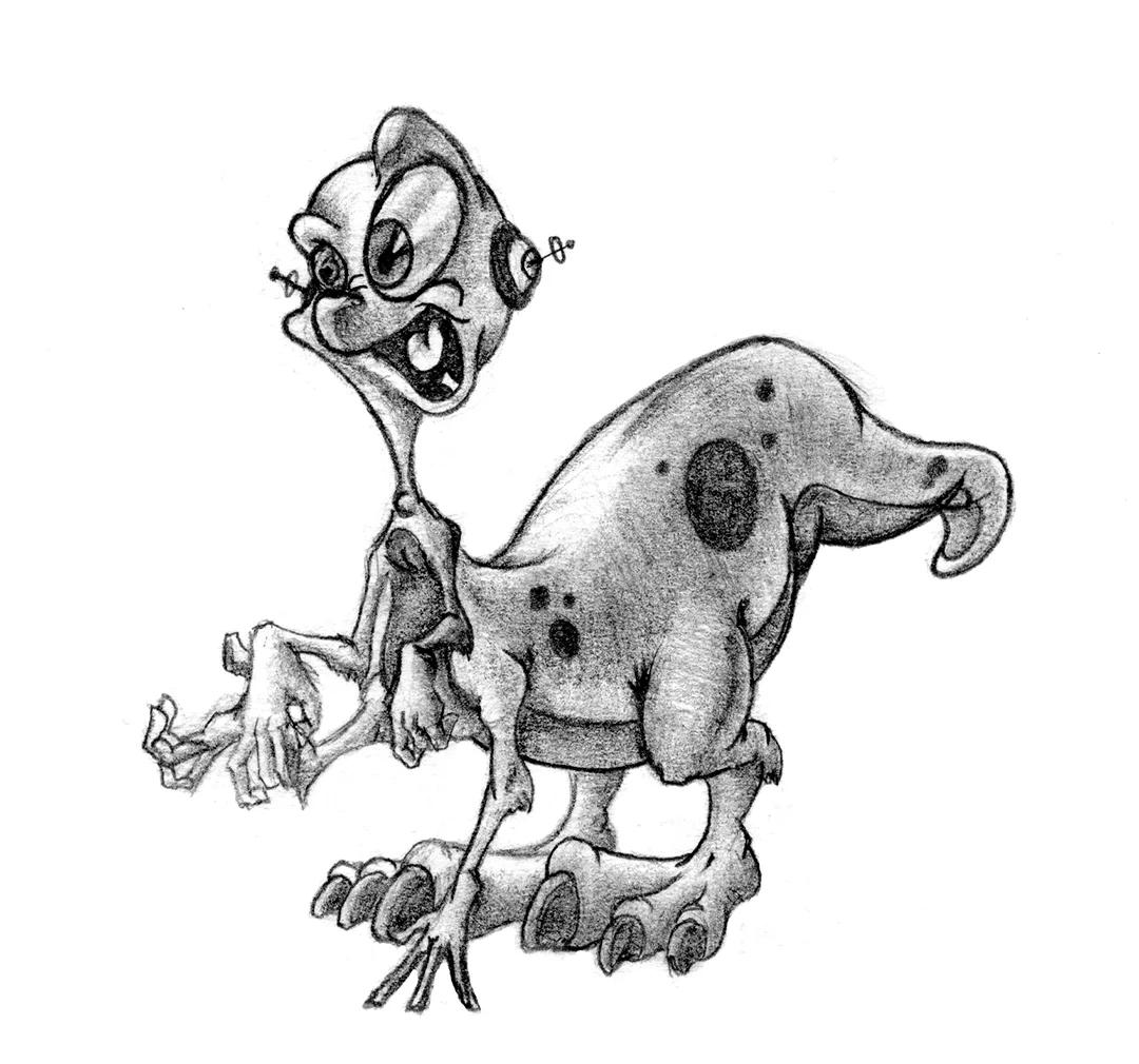 A cartoon sketch of a dinosaur with a funny face, large eyes, and scale marks on its body.