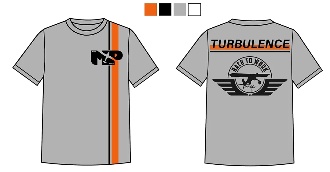 Grey T-shirt with black, orange, and white design elements, featuring a large black logo on the front and back, and an orange stripe with "TURBULENCE" text on the front.