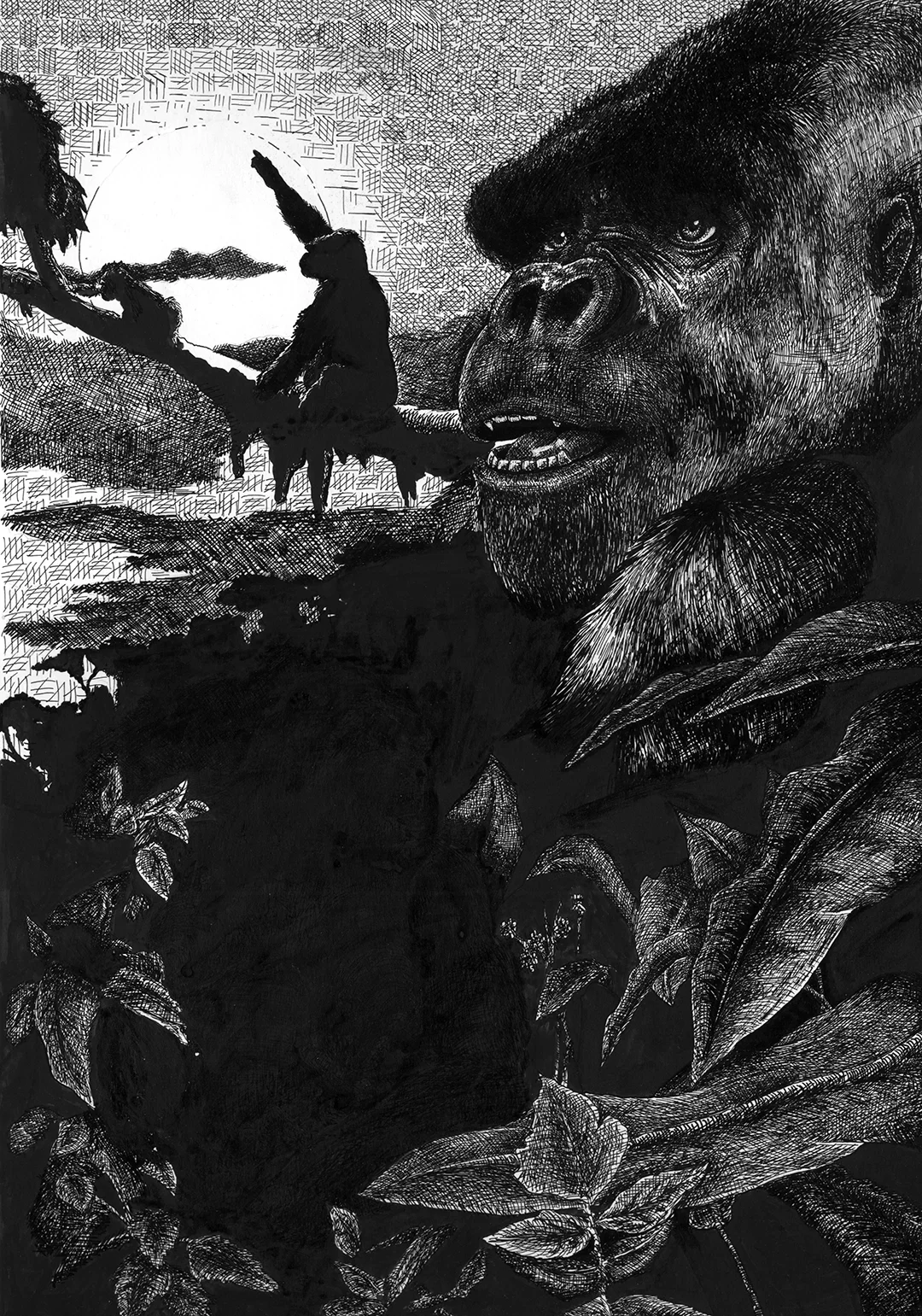 A black and white illustration featuring a gorilla in the foreground with detailed fur and facial features, looking alert. In the background, there is a silhouette of a person on a tree branch with a setting sun and clouds, surrounded by trees and foliage.