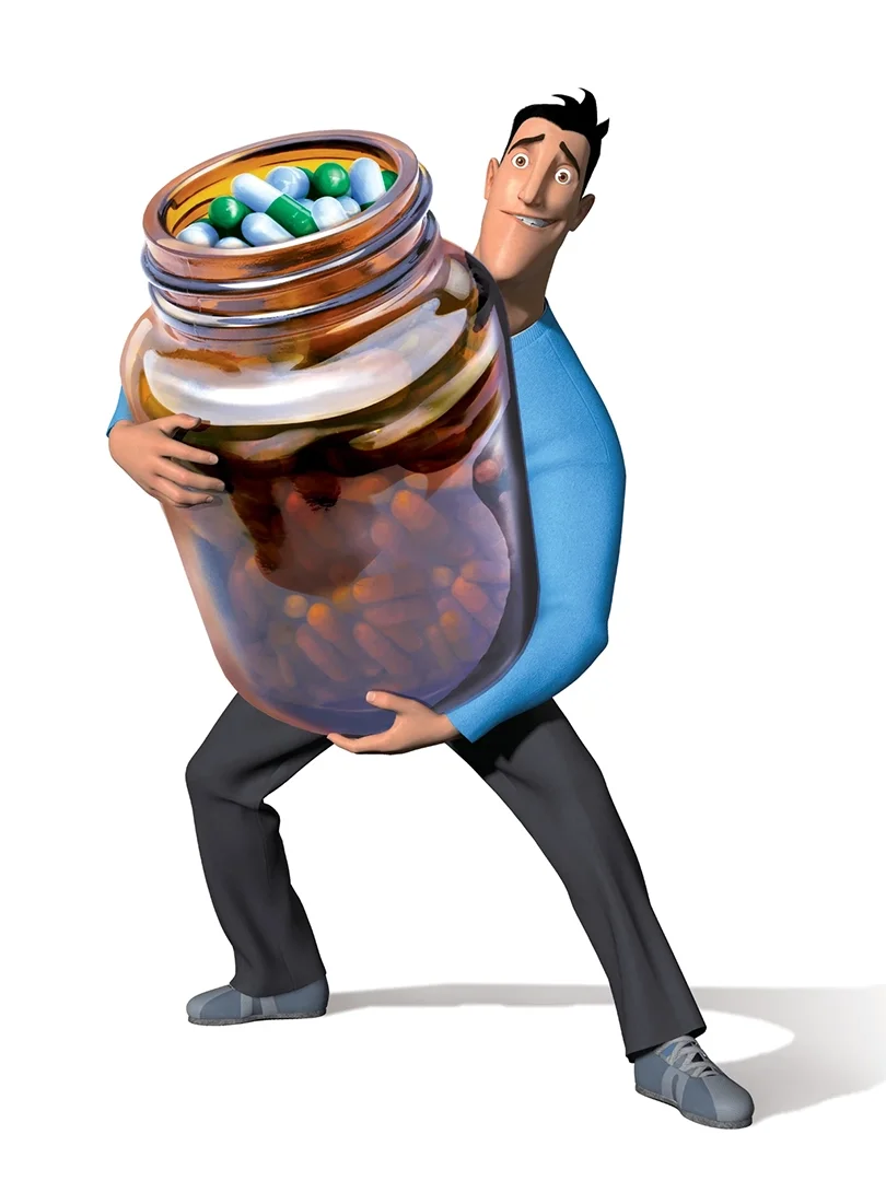 Animated man holding an oversized jar of pills.