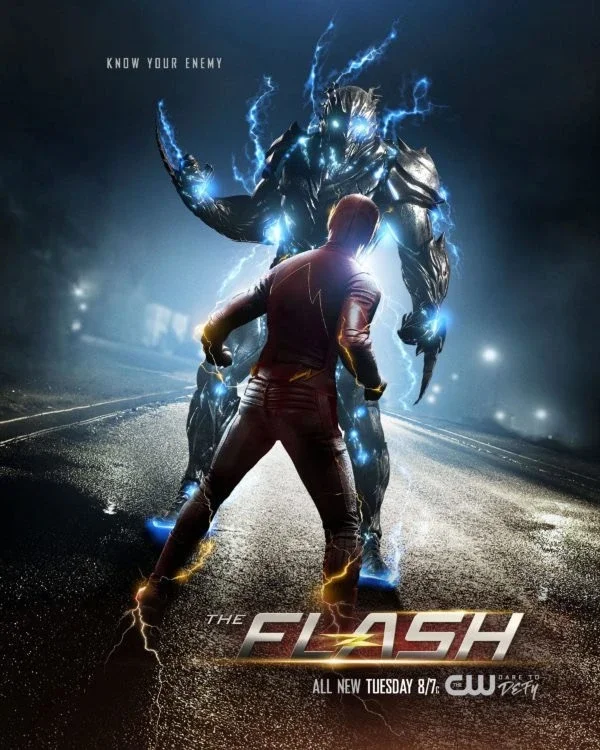 A promotional poster for the TV show 'The Flash' featuring a hero in a red suit facing a large villain with lightning effects and the caption 'Know Your Enemy.'