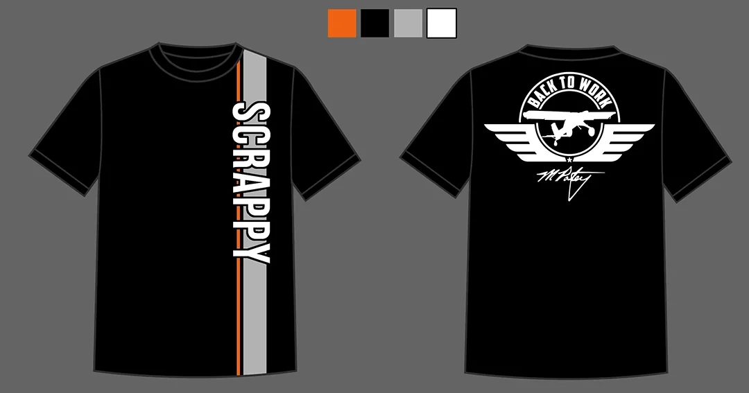 Black T-shirt with white and orange vertical stripes, the word 'SCRAPPY' written vertically on the front, and a logo on the back featuring a winged aircraft and the phrase 'BACK TO WORK' with a signature below.