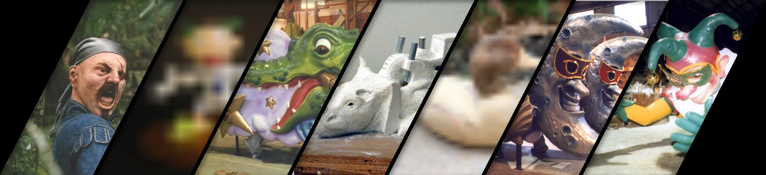 Six images arranged diagonally showing a person in traditional costume, a colorful dragon puppet, ceramic masks, a bowl of bowls, stylized masks, and clown figurine with a mask.