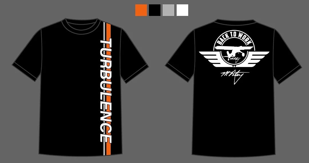 Black T-shirt with 'TURBULENCE' written vertically on the front in white letters with orange and white stripes, and a back design featuring a winged emblem with 'BACK TO WORK' and a signature below.