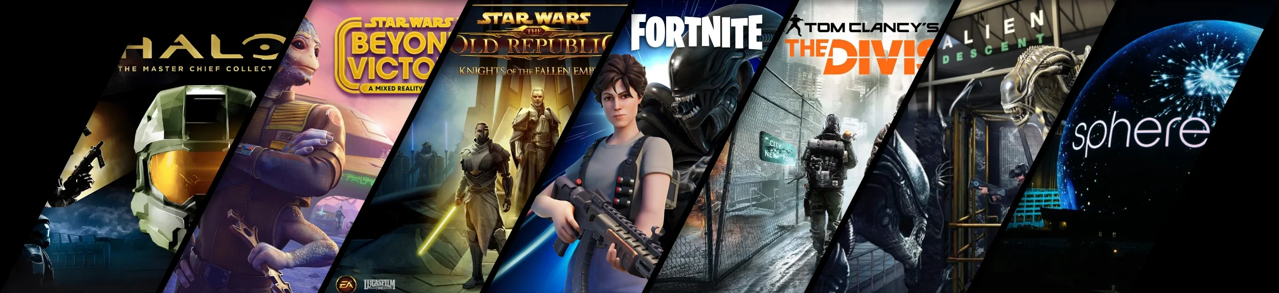 Collage of video game and entertainment logos, including Halo, Star Wars: Beyond Victory, Star Wars: Knights of the Old Republic, Fortnite, Tom Clancy's The Division, Alien: Descent, Sphere.
