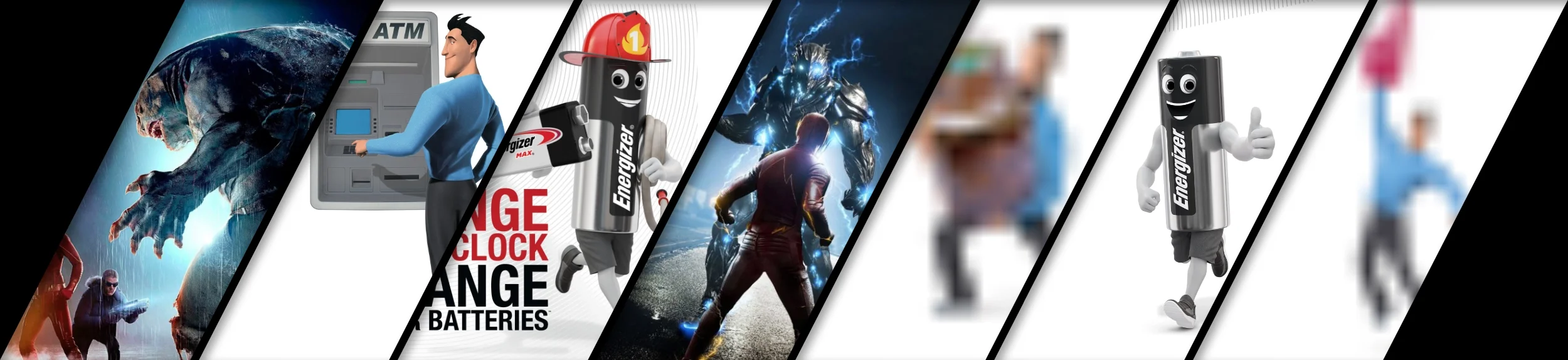 Collage of various animated characters and scenes, including a dinosaur, a person using an ATM, a fireman cartoon character, superhero-like figures, and a running anthropomorphic battery mascot.