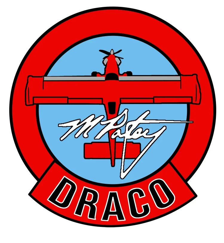 A logo featuring a red helicopter viewed from above, with the signature of M. Paley across the middle, and the words 'DRACO' in bold black letters on a red banner at the bottom.